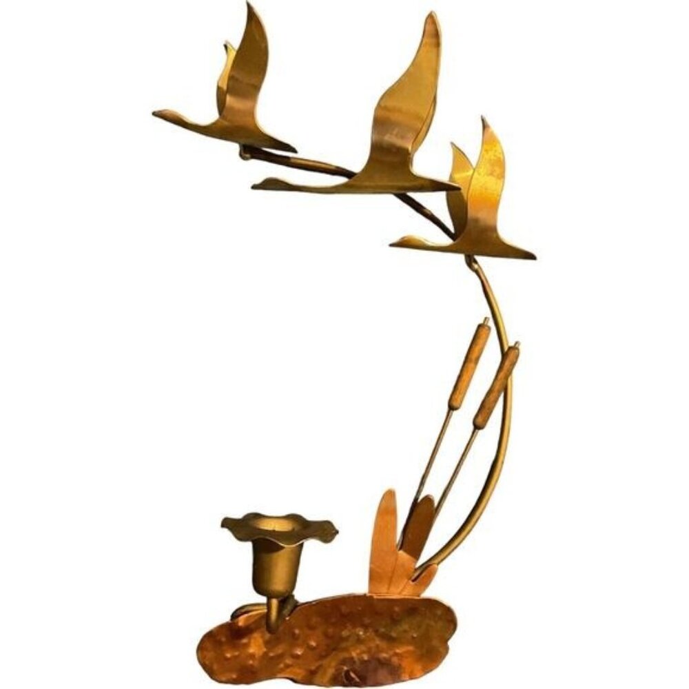 Vintage Brass MCM Geese Flying Marsh Cattails Candle Holder Wall Art